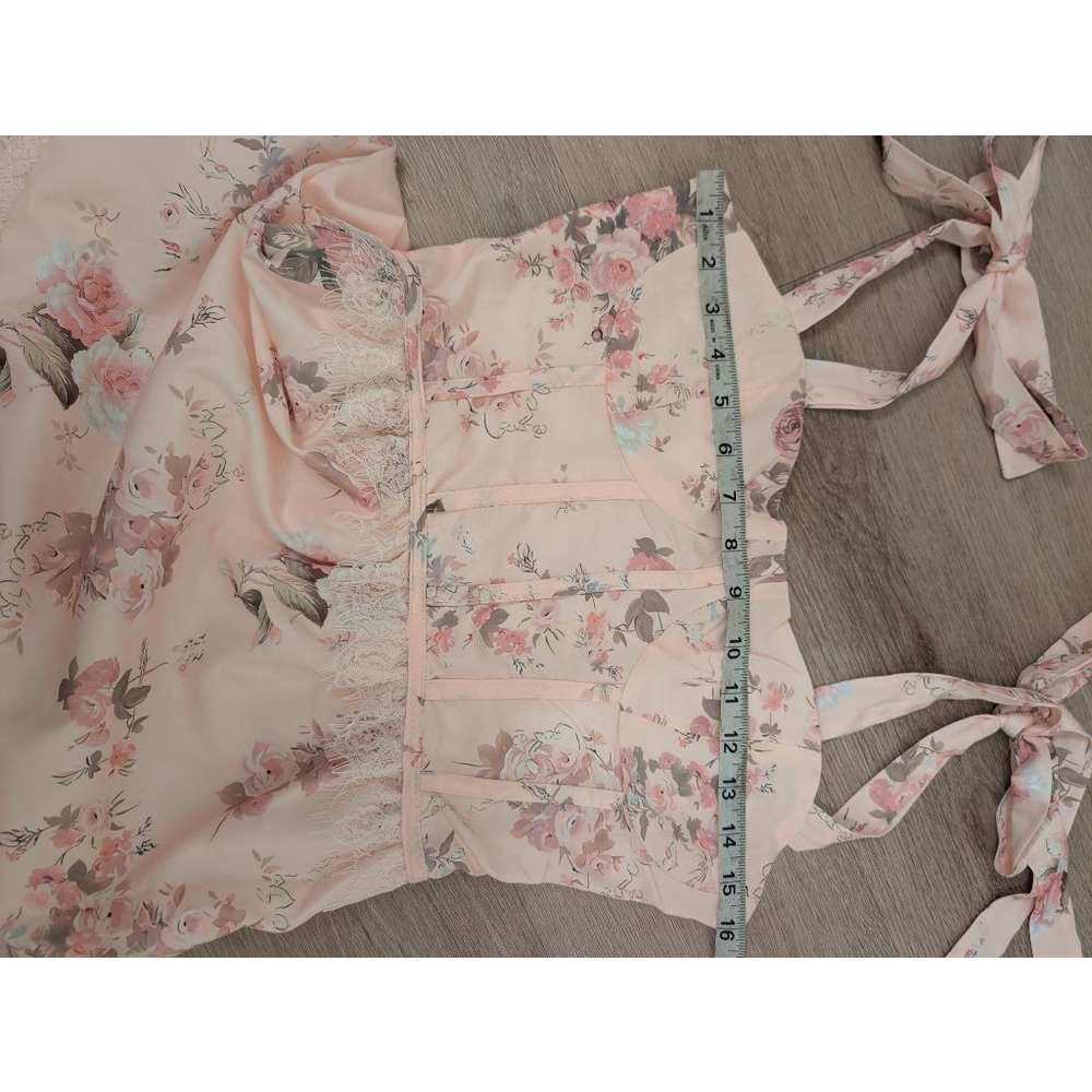 Women's Pink Floral Maxi Dress shoulder tie lace trim new preppy dainty flowy XS - Picture 8 of 9